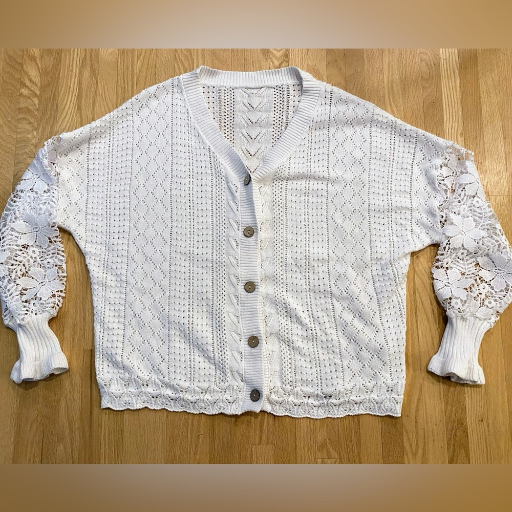 Cottagecore delicate dainty forest fairy crochet cardigan with lace sleeves XL